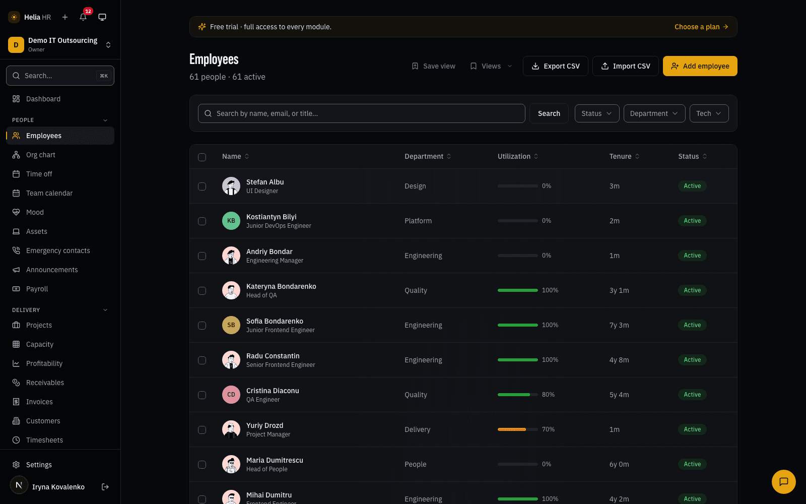 The Helia employee directory: 61 people with department, utilization, tenure and status columns, search and filters above them, and CSV import and export in the header.