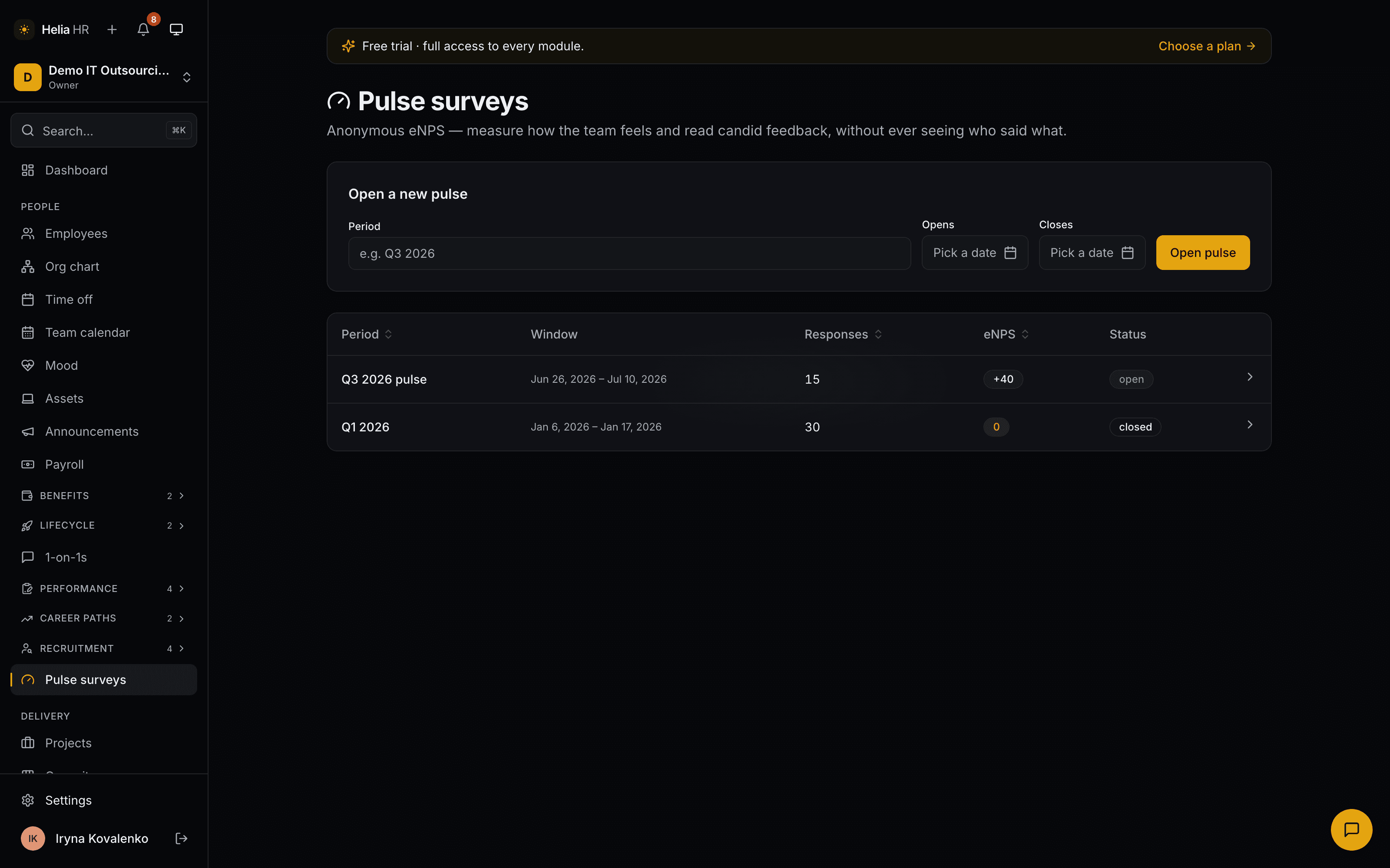 The Helia pulse surveys page: a form to open a new pulse with a period and a date window, above a table of cycles showing responses, the eNPS score and whether each cycle is open or closed.