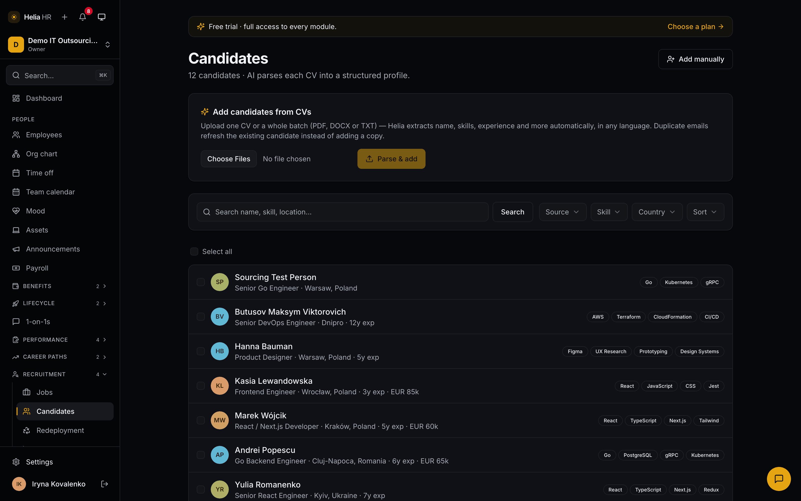 The Helia candidate list: CVs dropped in as PDF, DOCX or TXT and parsed into profiles with title, location, years of experience and extracted skill tags, filterable by source, skill and country.